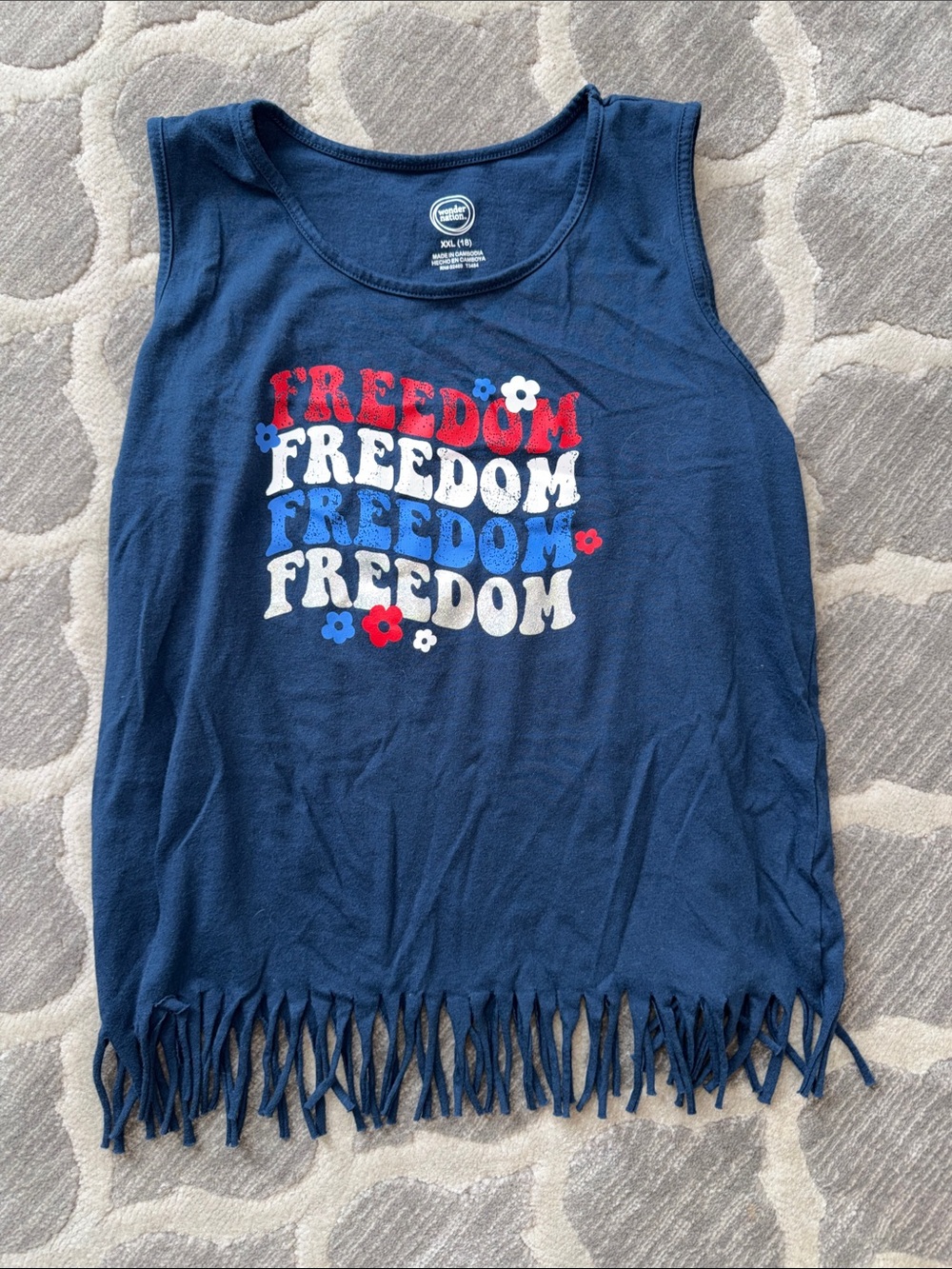 wonder nation Navy Tank Top with Red, White & Blue 'Freedom' Graphic and Fringe